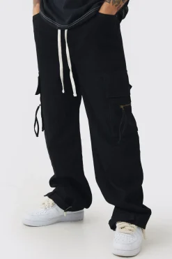 Baggy Fit Elasticated Waist Extended Drawcord Cargo Trousers | BoohooMAN UK