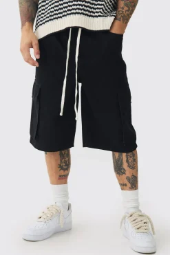 Baggy Fit Elasticated Waist Extended Drawcord Cargo Shorts | BoohooMAN UK