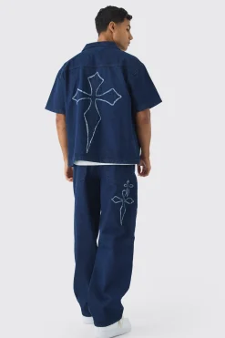 Baggy Fit Raw Edge Denim Cross Applique Jeans | BoohooMAN UK