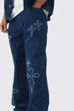 Baggy Fit Raw Edge Denim Cross Applique Jeans | BoohooMAN UK