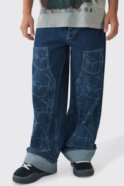 Baggy Fit Rigid Barbed Wire Laser Print Carpenter Jeans | BoohooMAN UK
