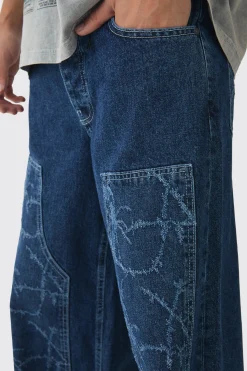Baggy Fit Rigid Barbed Wire Laser Print Carpenter Jeans | BoohooMAN UK