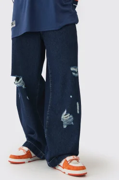Baggy Fit Rigid Indigo Ripped Jeans | BoohooMAN UK