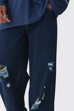 Baggy Fit Rigid Indigo Ripped Jeans | BoohooMAN UK