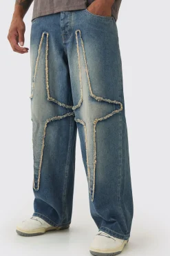 Baggy Fit Rigid Large Distressed Star Jeans | BoohooMAN UK