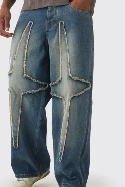 Baggy Fit Rigid Large Distressed Star Jeans | BoohooMAN UK
