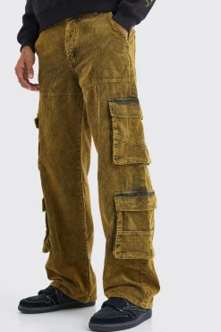 Baggy Multi Pocket Acid Wash Corduroy Cargo Trouser | BoohooMAN UK