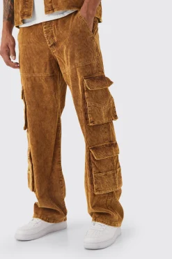 Baggy Multi Pocket Acid Wash Cord Cargo Trouser | BoohooMAN UK