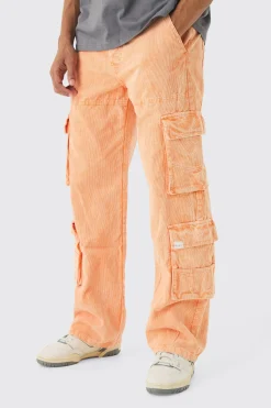 Baggy Multi Pocket Acid Wash Cord Trouser In Orange | BoohooMAN UK