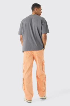 Baggy Multi Pocket Acid Wash Cord Trouser In Orange | BoohooMAN UK
