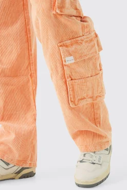 Baggy Multi Pocket Acid Wash Cord Trouser In Orange | BoohooMAN UK