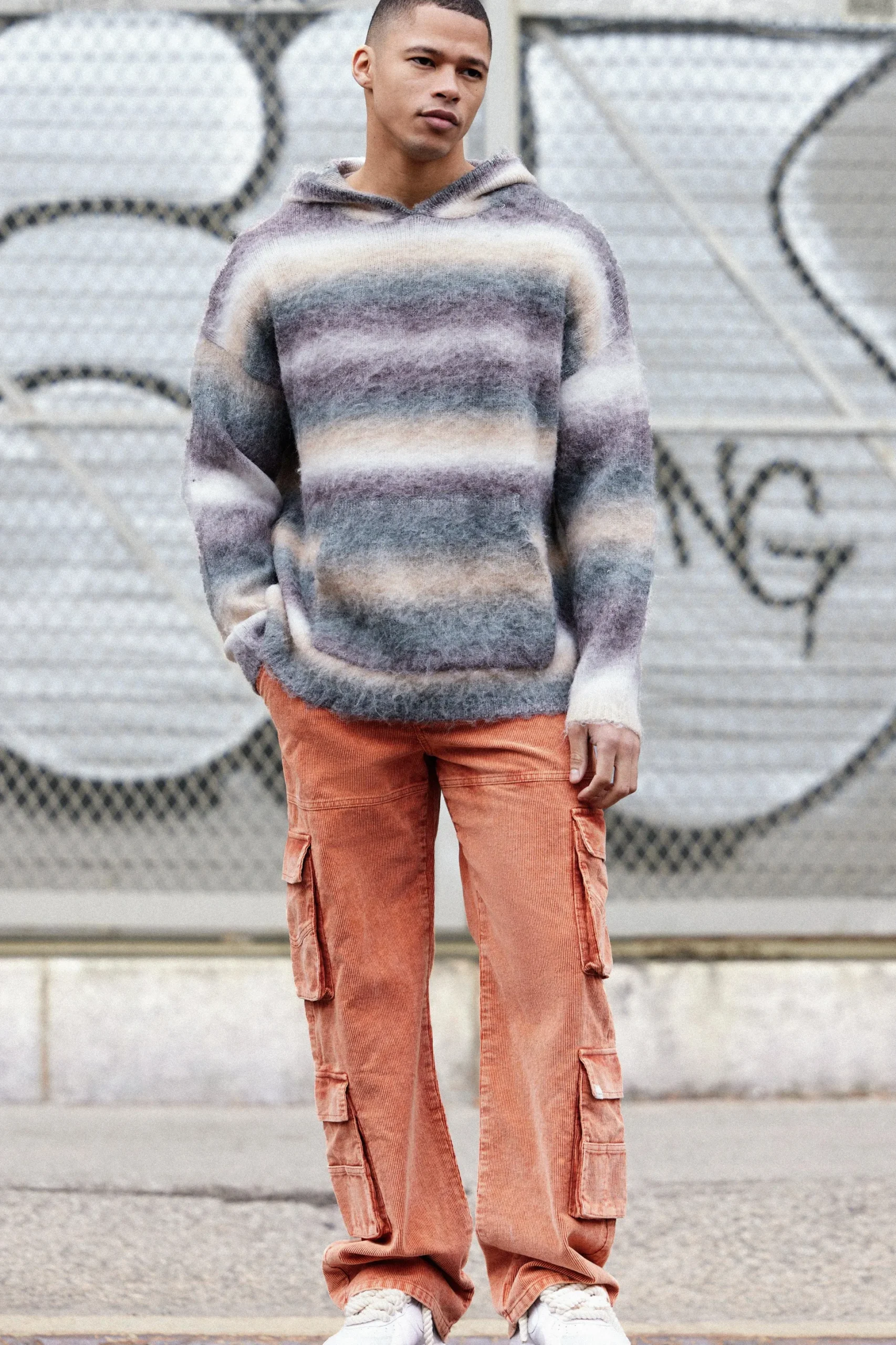Baggy Multi Pocket Acid Wash Cord Trouser In Burnt Orange | BoohooMAN UK