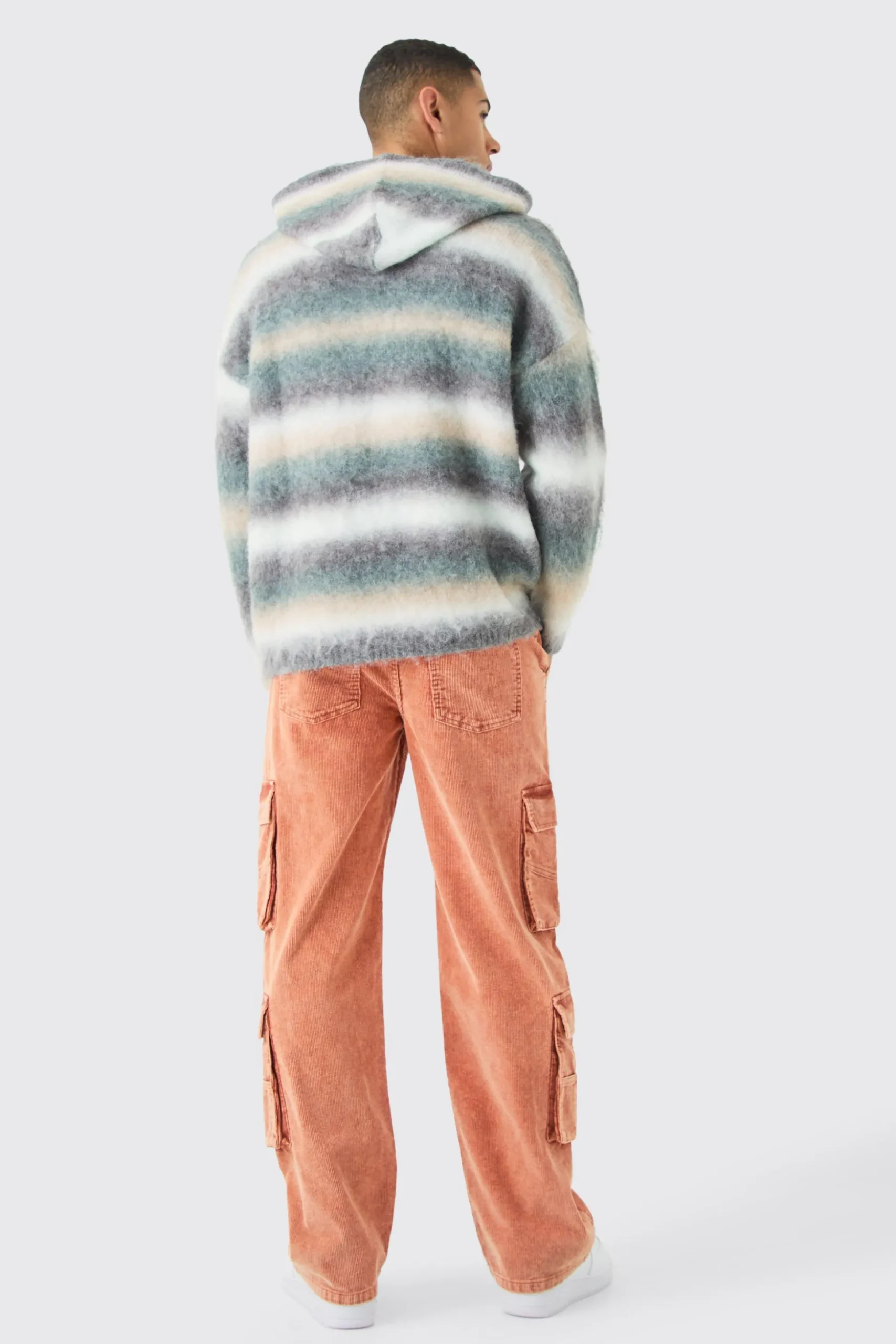 Baggy Multi Pocket Acid Wash Cord Trouser In Burnt Orange | BoohooMAN UK