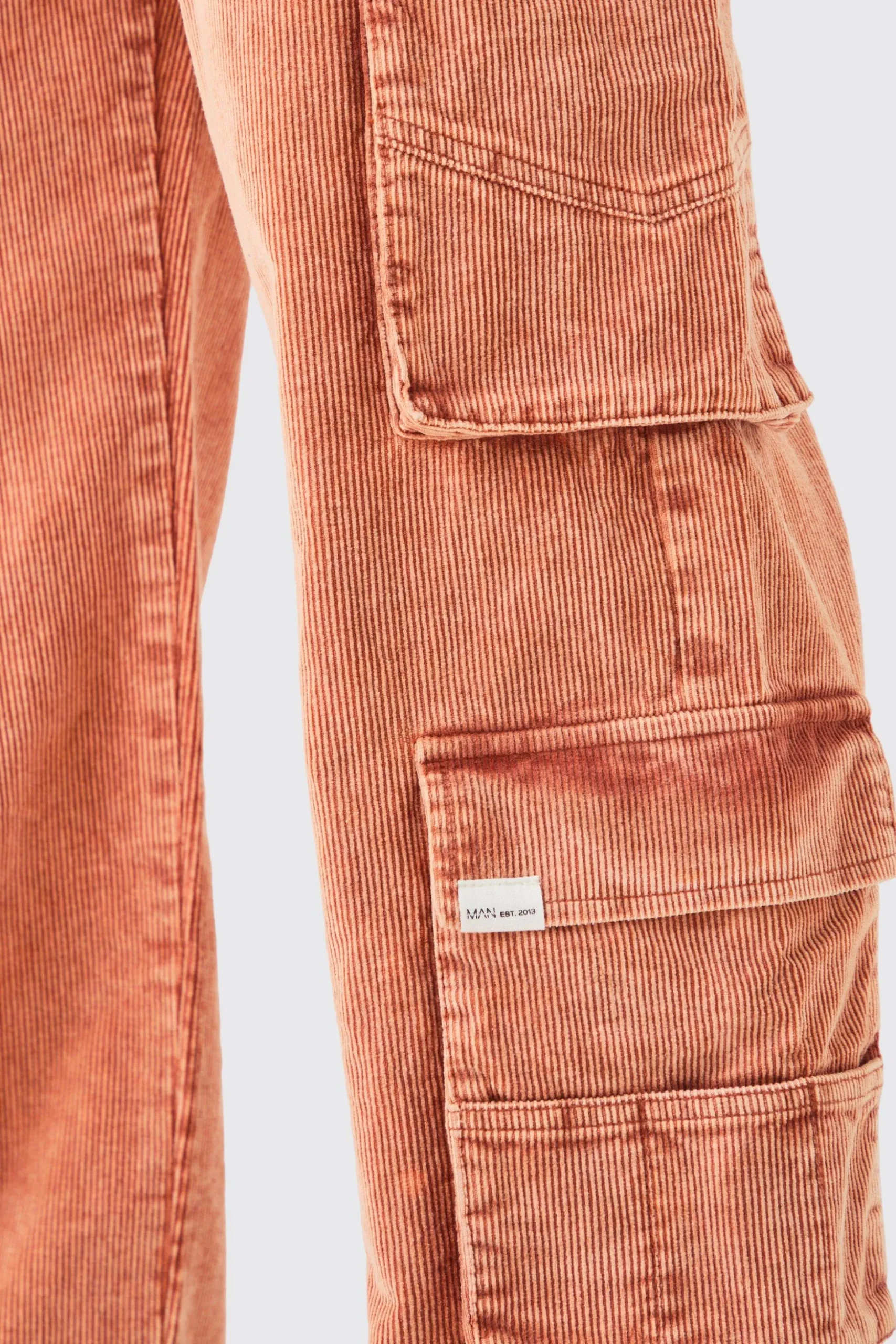 Baggy Multi Pocket Acid Wash Cord Trouser In Burnt Orange | BoohooMAN UK