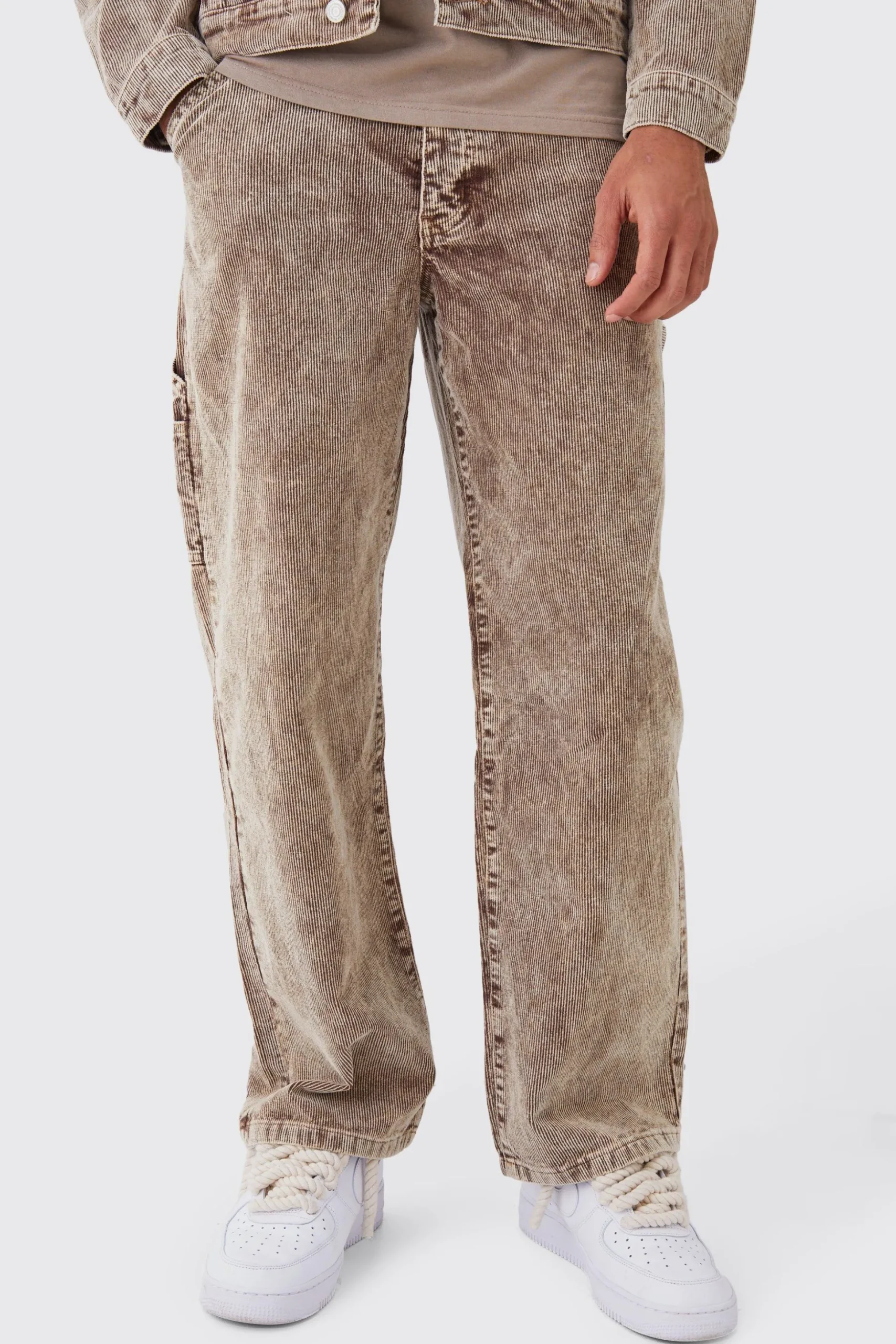 Baggy Rigid Acid Wash Cord Trousers In Chocolate | BoohooMAN UK