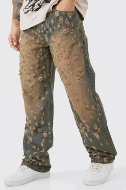 Baggy Rigid All Over Distressed Jeans In Vintage Blue | BoohooMAN UK