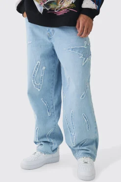Baggy Rigid All Over Raw Edge Applique Jeans | BoohooMAN UK