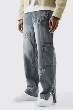 Baggy Rigid Bm Applique Multi Pocket Cargo Jeans In Grey | BoohooMAN UK