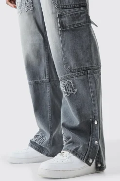Baggy Rigid Bm Applique Multi Pocket Cargo Jeans In Grey | BoohooMAN UK