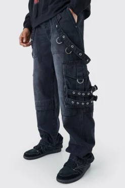 Baggy Rigid Cargo Strap Jeans In Washed Black | BoohooMAN UK