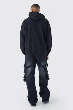 Baggy Rigid Cargo Strap Jeans In Washed Black | BoohooMAN UK