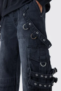 Baggy Rigid Cargo Strap Jeans In Washed Black | BoohooMAN UK