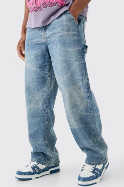 Baggy Rigid Carpenter Crinkle Denim Jeans In Antique Blue | BoohooMAN UK