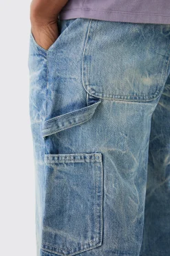 Baggy Rigid Carpenter Crinkle Denim Jeans In Antique Blue | BoohooMAN UK