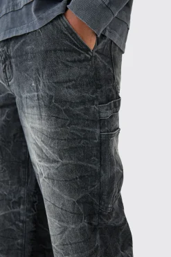 Baggy Rigid Carpenter Crinkle Denim Jeans In Washed Black | BoohooMAN UK