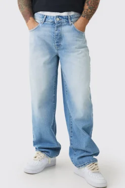 Baggy Rigid Double Waistband Denim Jeans In Light Blue | BoohooMAN UK