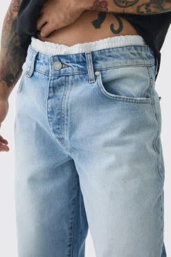 Baggy Rigid Double Waistband Denim Jeans In Light Blue | BoohooMAN UK