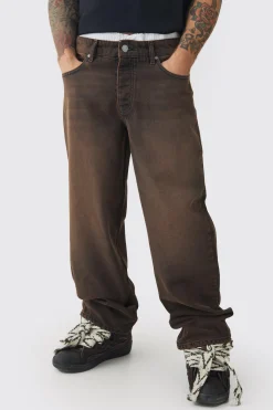 Baggy Rigid Double Waistband Denim Jeans In Brown | BoohooMAN UK