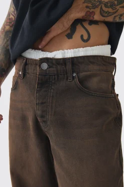 Baggy Rigid Double Waistband Denim Jeans In Brown | BoohooMAN UK