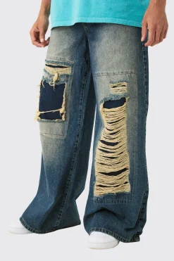 Baggy Rigid Extreme Ripped Denim Jean In Antique Blue | BoohooMAN UK