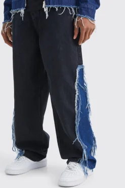 Baggy Rigid Frayed Spliced Jeans In True Black | BoohooMAN UK