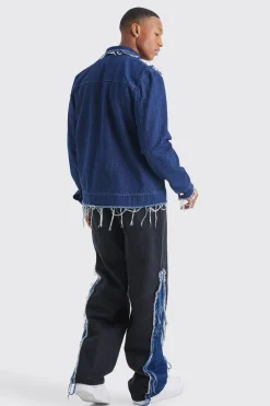 Baggy Rigid Frayed Spliced Jeans In True Black | BoohooMAN UK