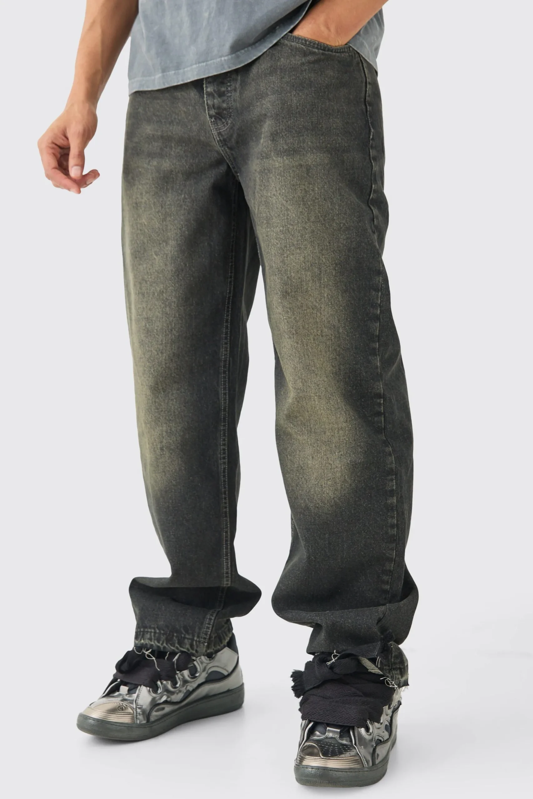 Baggy Rigid Jeans With Let Down Hem In Grey | BoohooMAN UK