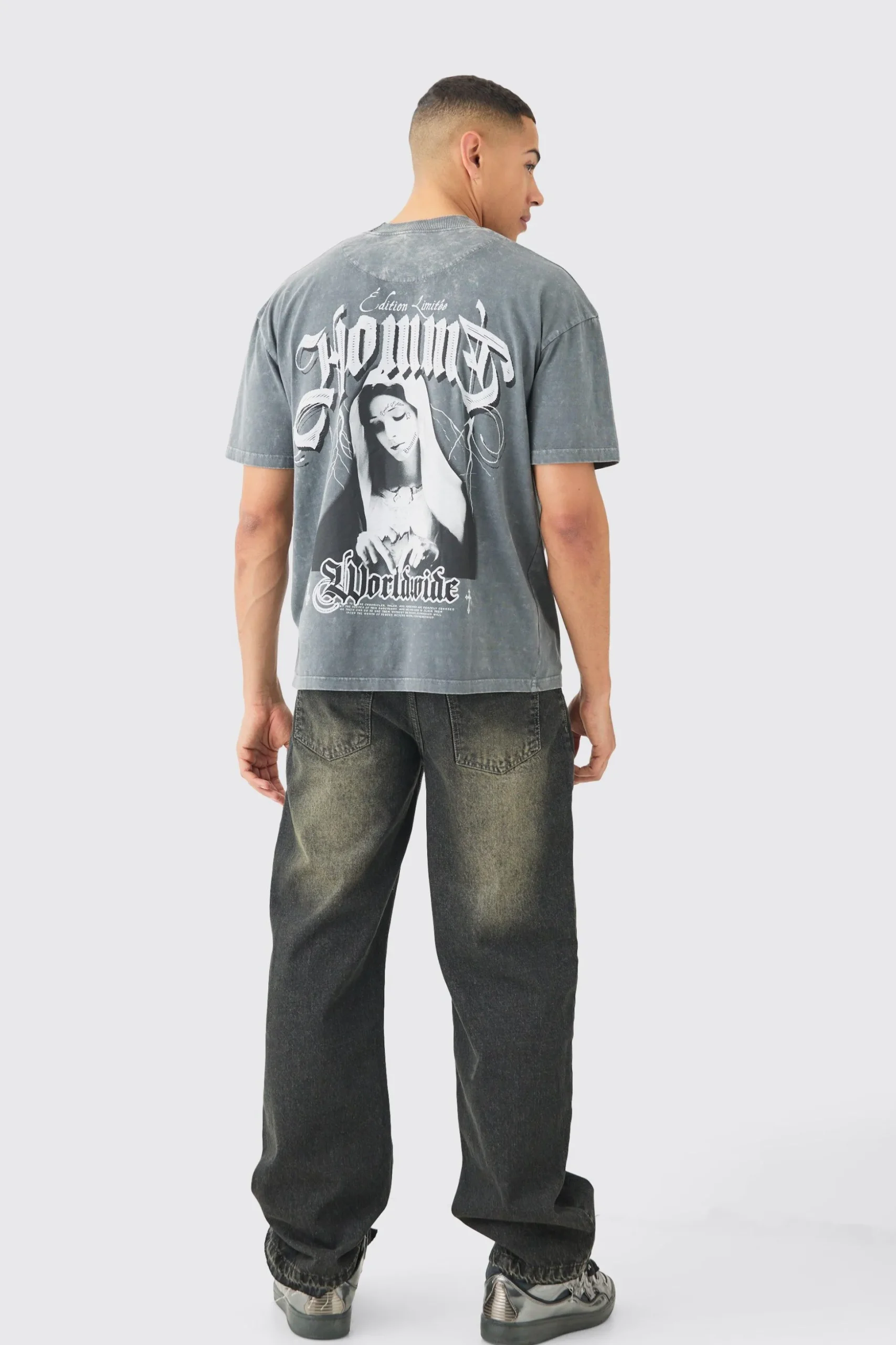 Baggy Rigid Jeans With Let Down Hem In Grey | BoohooMAN UK
