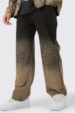Baggy Rigid Leopard Print Jeans In Tinted Black | BoohooMAN UK