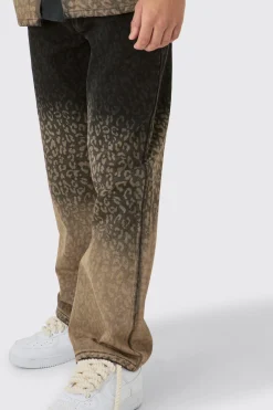 Baggy Rigid Leopard Print Jeans In Tinted Black | BoohooMAN UK