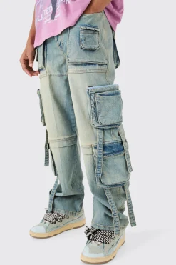 Baggy Rigid Mulit Pocket Cargo Strap Denim Jean In Light Blue | BoohooMAN UK