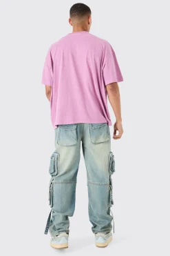 Baggy Rigid Mulit Pocket Cargo Strap Denim Jean In Light Blue | BoohooMAN UK