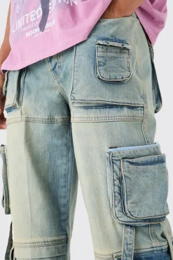 Baggy Rigid Mulit Pocket Cargo Strap Denim Jean In Light Blue | BoohooMAN UK