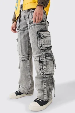 Baggy Rigid Multi Cargo Pocket Strap Detail Acid Wash Jeans | BoohooMAN UK