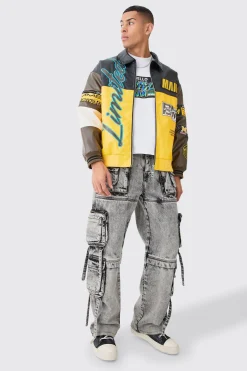 Baggy Rigid Multi Cargo Pocket Strap Detail Acid Wash Jeans | BoohooMAN UK