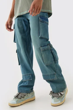 Baggy Rigid Multi Cargo Pocket Jeans In Blue | BoohooMAN UK