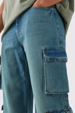 Baggy Rigid Multi Cargo Pocket Jeans In Blue | BoohooMAN UK