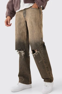 Baggy Rigid Ripped Knee Jeans In Brown | BoohooMAN UK