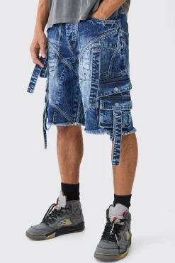 Baggy Rigid Strap And Buckle Detail Jort In Indigo | BoohooMAN UK