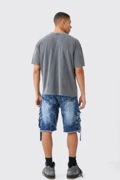 Baggy Rigid Strap And Buckle Detail Jort In Indigo | BoohooMAN UK